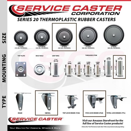 Service Caster 4 Inch Thermoplastic  Rubber Wheel Swivel 34 Inch Threaded Stem Caster Set 2 Brakes SCC SCC-TS20S414-TPRB-34212-2-PLB-2